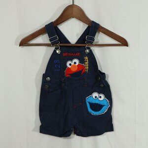 Vintage Sesame Street Toddler Overalls 18M Elmo Cookie Monster Denim Shorts